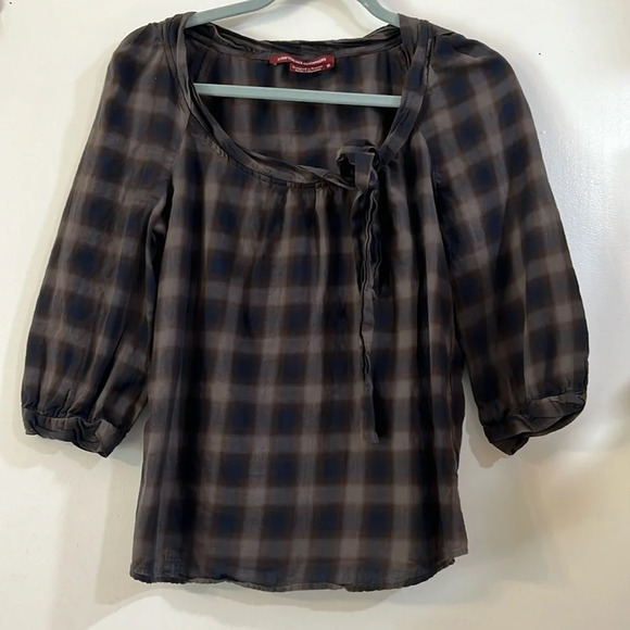 Comptoir Des Cotonniers Plaid Grid Blouse Bubble Gradient 3/4 Sleeve Tie Bow 36 - Picture 1 of 7